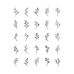 Repeating Botanical Pattern Set. A collection of repeated hand-drawn twigs and leaves arranged in neat grids, ideal for seamless patterns and textile design.