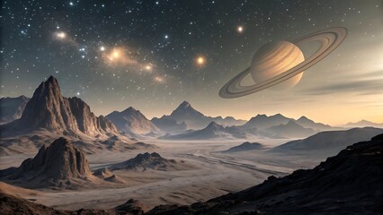 Saturn rising over otherworldly mountain landscape with starry sky, creating a surreal and breathtaking cosmic scene