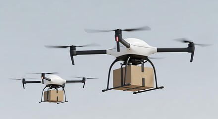 Two white autonomous delivery drones of different sizes flying together while carrying cardboard packages.