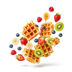 Floating waffles with fruit and syrup isolated on white