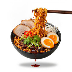 A bowl of ramen noodles, beef, eggs and vegetables with chopsticks isolated on white