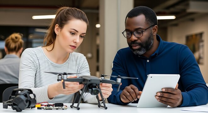 A man and woman collaborate, examining a drone while the man holds a tablet, in a bright, modern office setting.