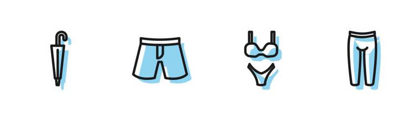 Set line Swimsuit, Umbrella, Short or pants and Leggings icon. Vector
