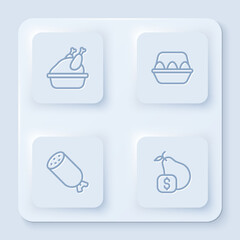 Set line Roasted turkey or chicken, Chicken egg in box, Salami sausage and Price tag for pear. White square button. Vector