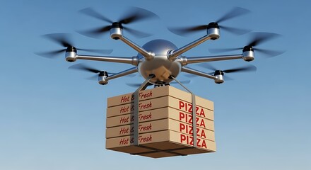 A drone carrying a stack of pizza boxes, delivering food in the sky.