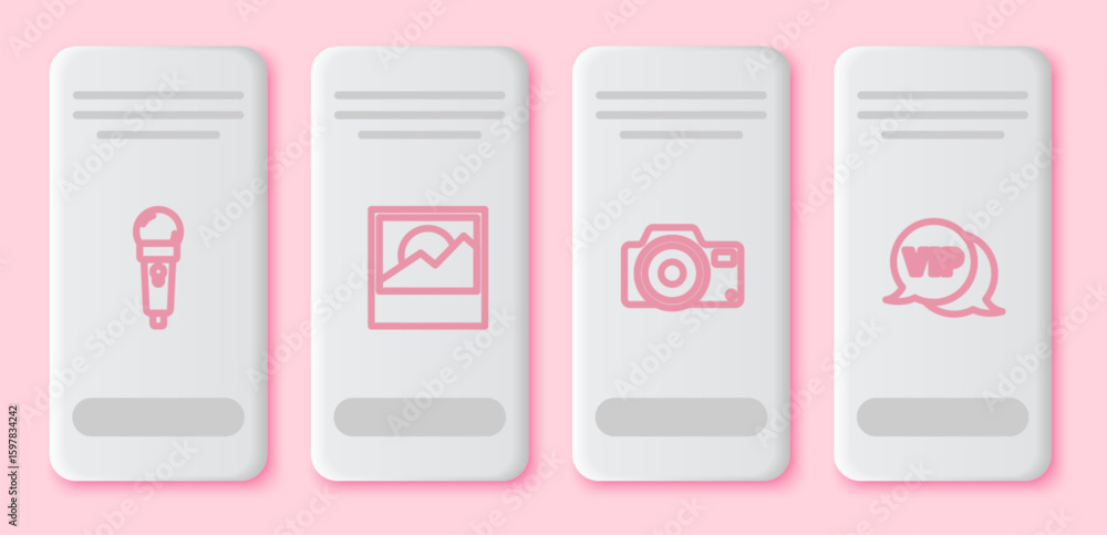 Aufkleber set line microphone, photo, camera and vip in speech bubble. white rectangle button. vector