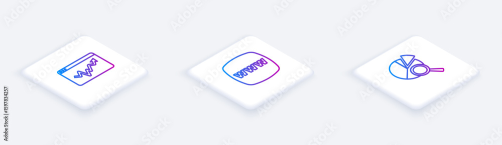 Poster set isometric line graph chart infographic, website template and search data analysis. white square 