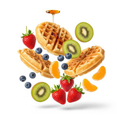 Floating waffles, honey and fruit isolated isolated on white