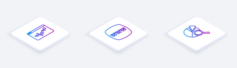 Set Isometric line Graph chart infographic, Website template and Search data analysis. White square button. Vector