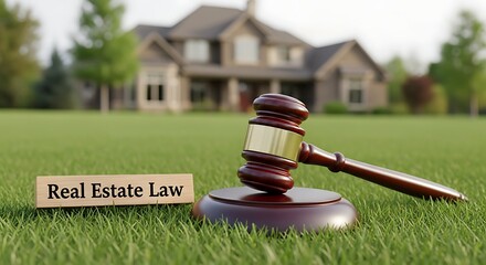 Gavel and "Real Estate Law" sign on lawn, large house in background.