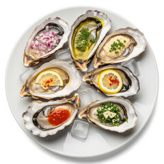 A plate of seasoned oysters isolated on white