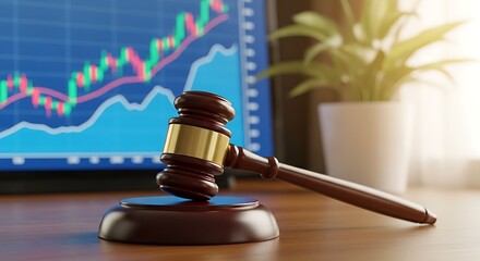 A gavel rests on a wooden surface with a stock market graph displayed on a screen in the background.