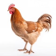 Fototapeta premium Standing brown chicken isolated on white background showcasing full body, feathers, and legs.
