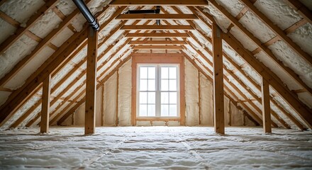 Insulated attic space with wooden beams and a window, showing energy efficiency and construction, loft insulation