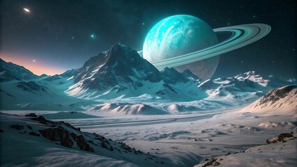 Snowy Mountain Range Landscape with Ringed Planet Rising Above, Starry Sky and Atmospheric Perspective, Fantasy or Science Fiction Scene with Cold Winter Feel