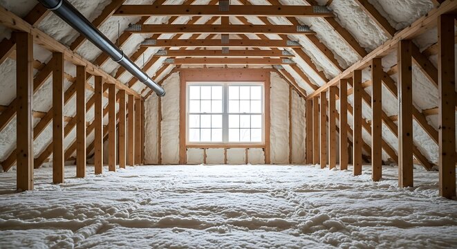 Interior view of an unfinished attic space with wooden beams, insulation, and a window, loft insulation