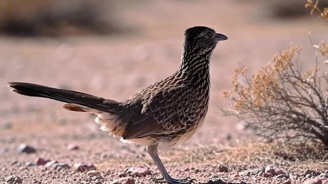 Roadrunner walking on desert ground, with desert shrubs in background. Educational material use