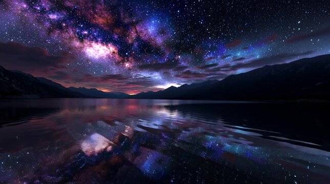 a serene lake at night reflecting a vibrant galaxy in perfect clarity, stars twinkling on the water&rsquo;s surface, surreal and photorealistic