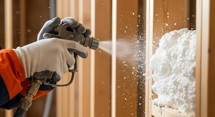 Worker spraying expanding foam insulation into a wooden wall frame during construction.
