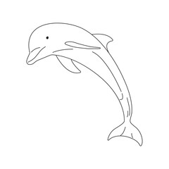 Cute dolphin character in outline style is jumping in black and white for icons, stickers, coloring, logo