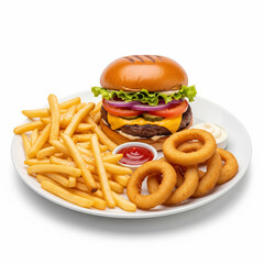 A plate with a burger, fries and onion rings isolated on white