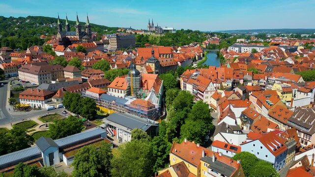 4K Aerial Drone Video of Construction Cranes in the Historic Old Town Area of Downtown Bamberg, Germany