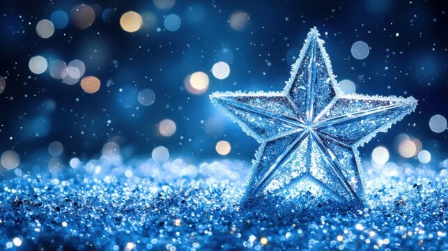Creating a glittering winter christmas background with frosted star decorations in a magical winter wonderland