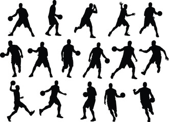Silhouette of basketball player in motion dribbling, passing, and shooting ball, isolated sports vector illustration for athletic action concept