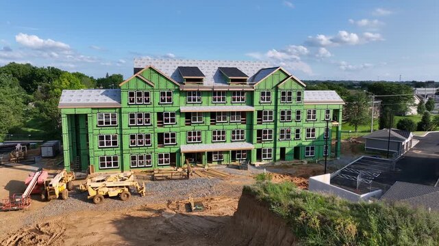 Construction site with apartment building during building phase. Aerial view. Sunny day in Subur area of American town.