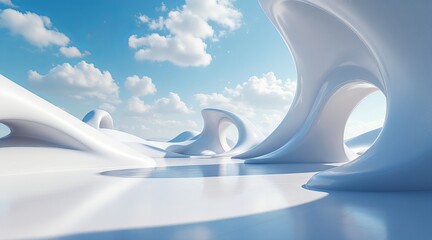 Futuristic white architectural structures curve gracefully against a blue sky with fluffy clouds, creating a surreal landscape