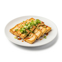 Fried tofu in a plate isolated on white