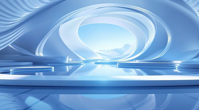 A futuristic interior showcases swirling white architecture with reflective surfaces, bathed in soft blue light, creating a dreamlike space