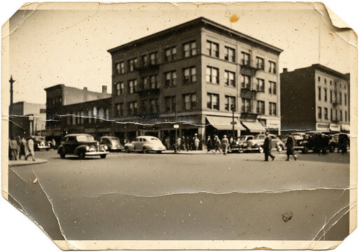 Fototapeta A vintage sepia photograph capturing a bustling city street corner from the 1940s, with classic cars and pedestrians.