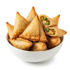 A bowl of samosas isolated on white