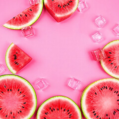 Fresh Watermelon Slices with Ice Cubes on Pink