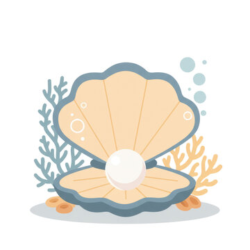 Open oyster shell with pearl, surrounded by coral and bubbles, in a simple illustration. isolated on a transparent background, png, cutout