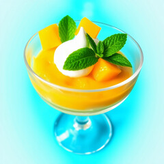 Mango Pudding with Mint in Glass Cup