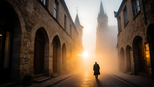 Mysterious figure walks down a cobblestone street in a historic European town bathed in ethereal fog and warm sunlight creating a dramatic and atmospheric scene