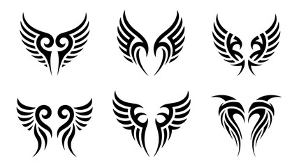 Collection of tribal wing designs isolated on white background