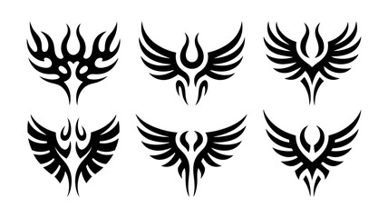 Collection of tribal style phoenix bird designs isolated on white background