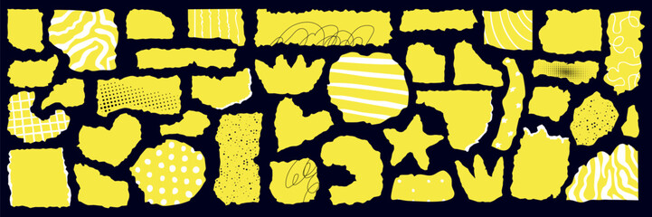 Torn paper sheet set. Yellow tear tape, sticker cutout heart, star, and geometric shapes. Cut shapes in y2k style.