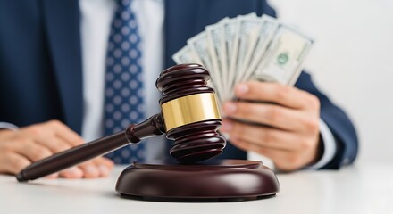 A lawyer holding cash near a gavel, symbolizing legal proceedings and financial matters.