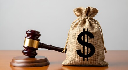 A gavel resting on a wooden base next to a money bag with a dollar sign.