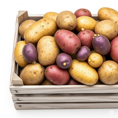 A wooden crate of potatoes isolated on white