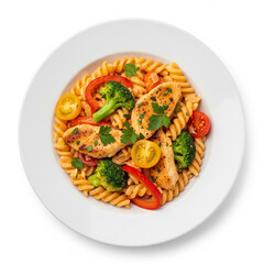 A plate of fusilli pasta with chicken and vegetables isolated on white