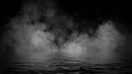 Mystery coastal fog . Smoke on the shore . Reflection in water. Texture overlays background. Stock illustration