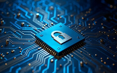 Cybersecurity Concept with Padlock on Circuit Board