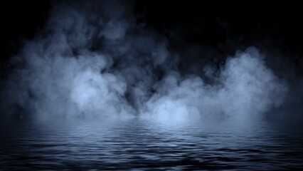 Mystery blue coastal fog . Smoke on the shore . Reflection in water. Texture overlays background. Stock illustration