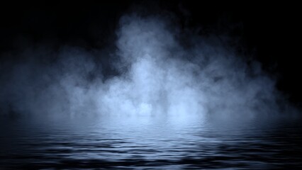 Mystery blue coastal fog . Smoke on the shore . Reflection in water. Texture overlays background. Stock illustration