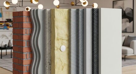 Sectional view of a wall showcasing its layered construction, including brick, insulation, and finishing materials.